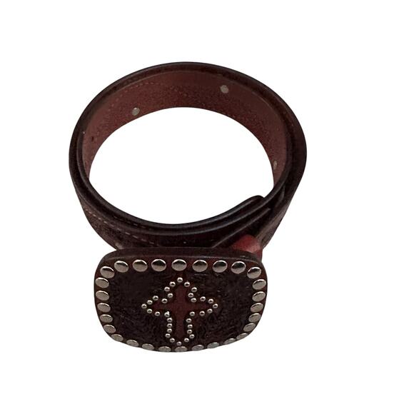VTG Tooled Leather Belt Western Boho Cross Buckle Studded Brown Sz 34 main image 11